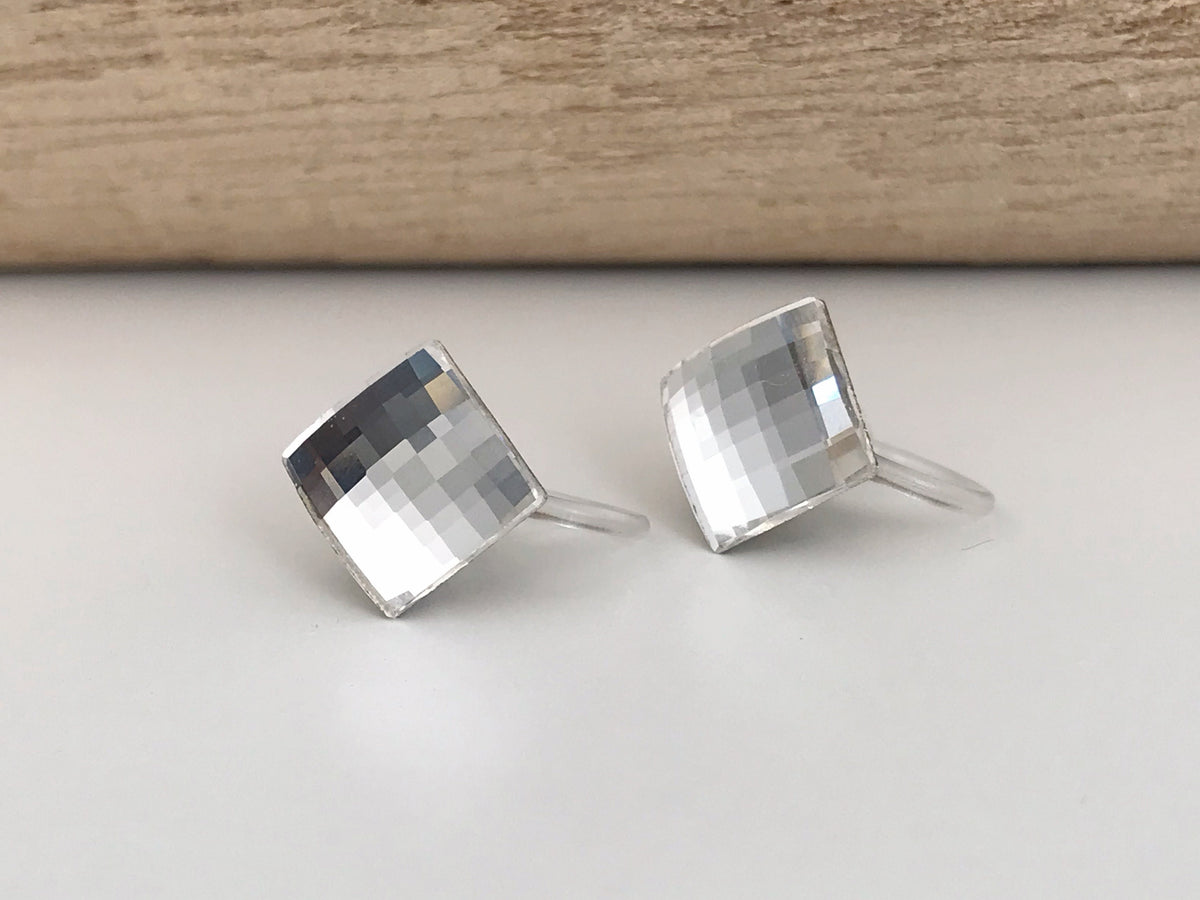 CLIPS earrings invisible Crystal Square faceted Crystals PureCrystal, Transparent square Ear Clips. Minimalist Jewelry.