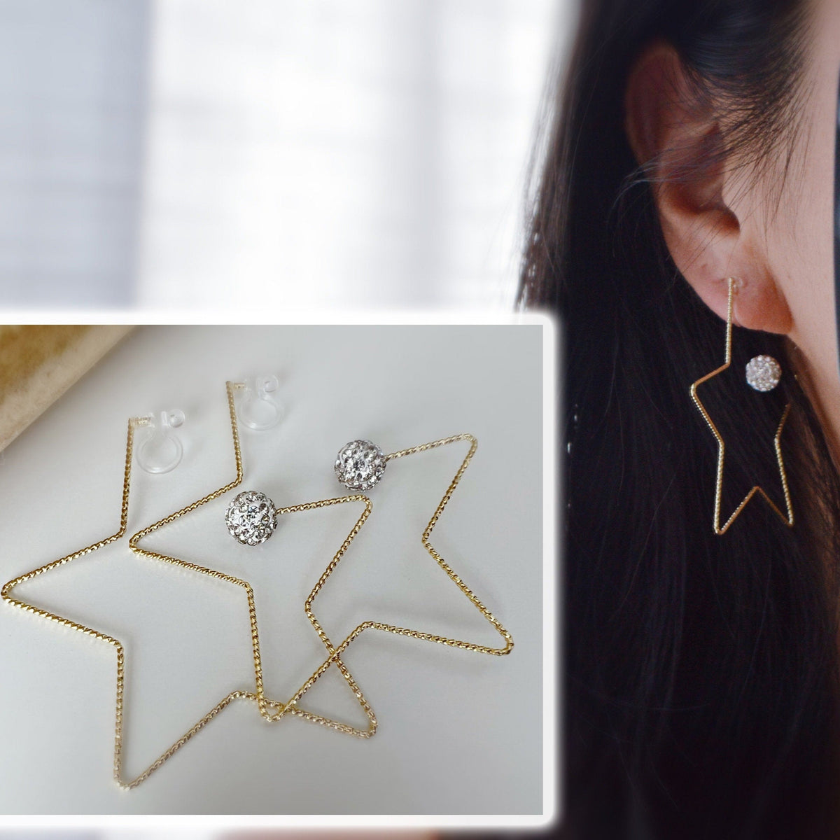 Large star ear clips Gold color White Shamballa pearl Ball Strass. INVISIBLE Clip Earrings Comfortable.