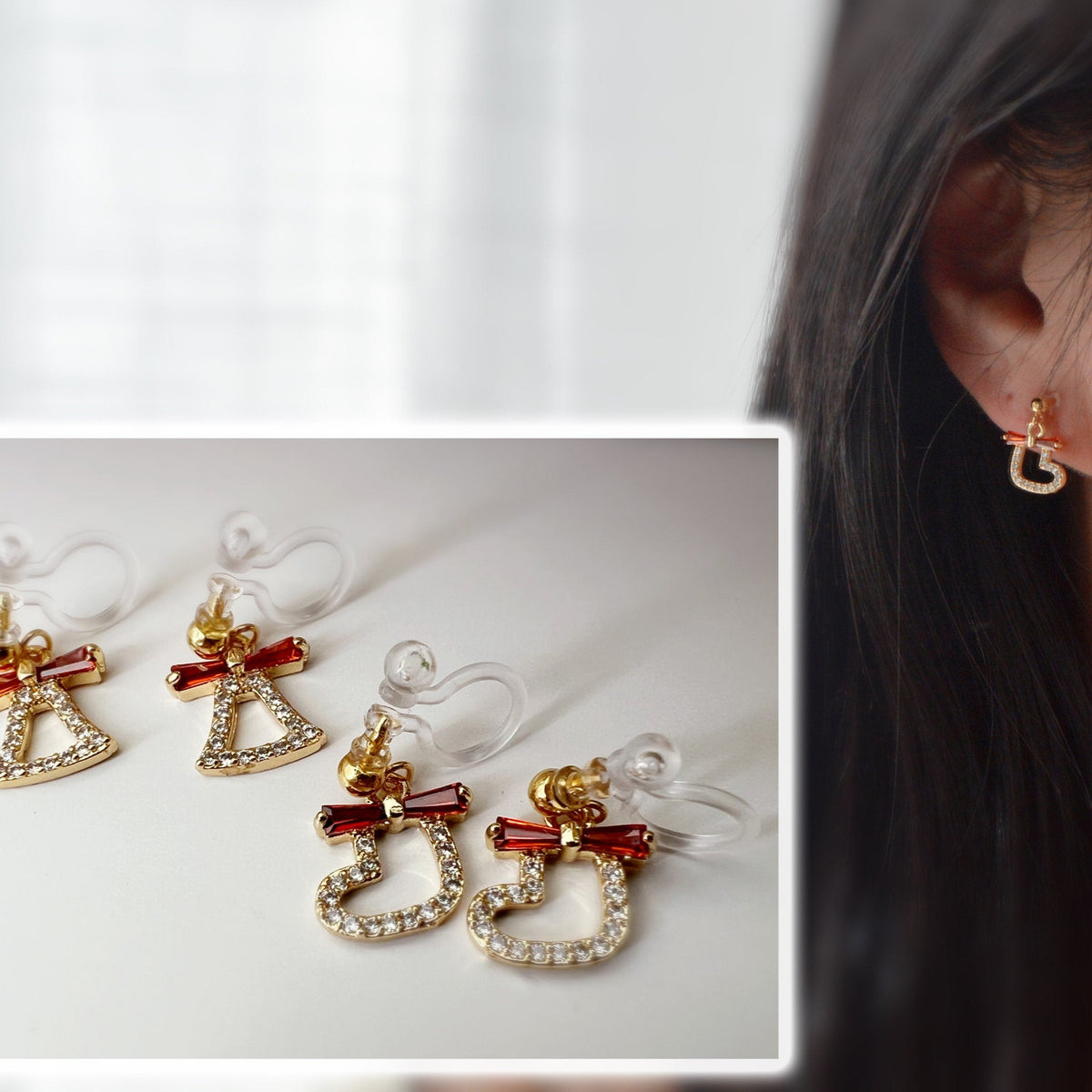 Christmas small Sock and Bell Clips Invisible bow tie red Zircon mini rhinestones, Comfortable Clips. Christmas Gifts Ready to offer