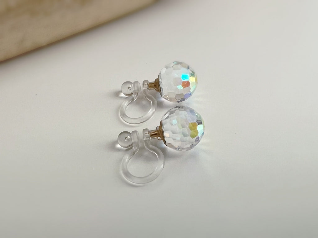CLIPS earrings invisible Round Crystal faceted PureCrystal Crystals, Minimalist AB Symphony transparent crystal ear clips.