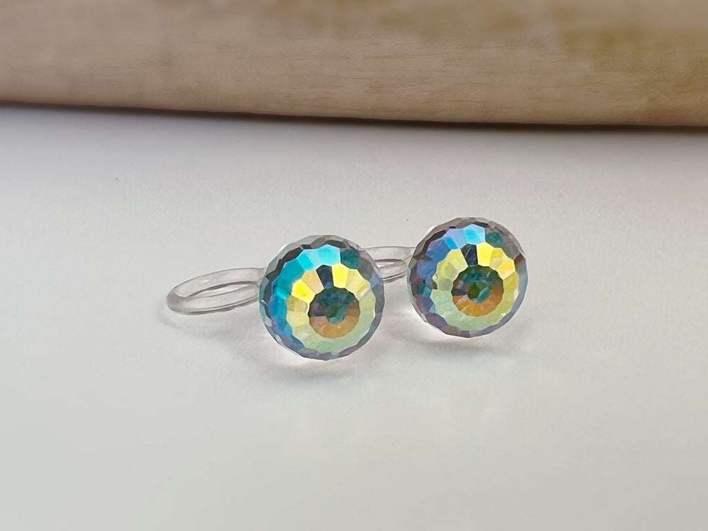 CLIPS earrings invisible Round Crystal faceted PureCrystal Crystals, Minimalist AB Symphony transparent crystal ear clips.