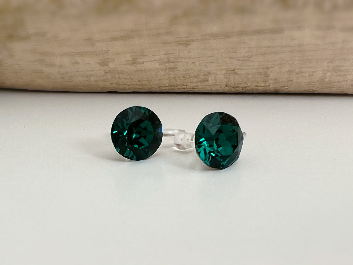 Boucles d'oreilles CLIPS invisible Cristal Rond Vert émeraude Emerald PureCristal, Clips d'Oreille Petit cristal Vert foncé Minimaliste.