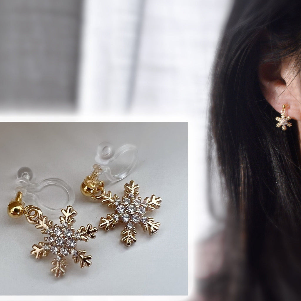 Large/Small Snowflake. Invisible gold-plated brass clips, Zircon. Delicate Jewelry. Christmas Gifts Ready to give