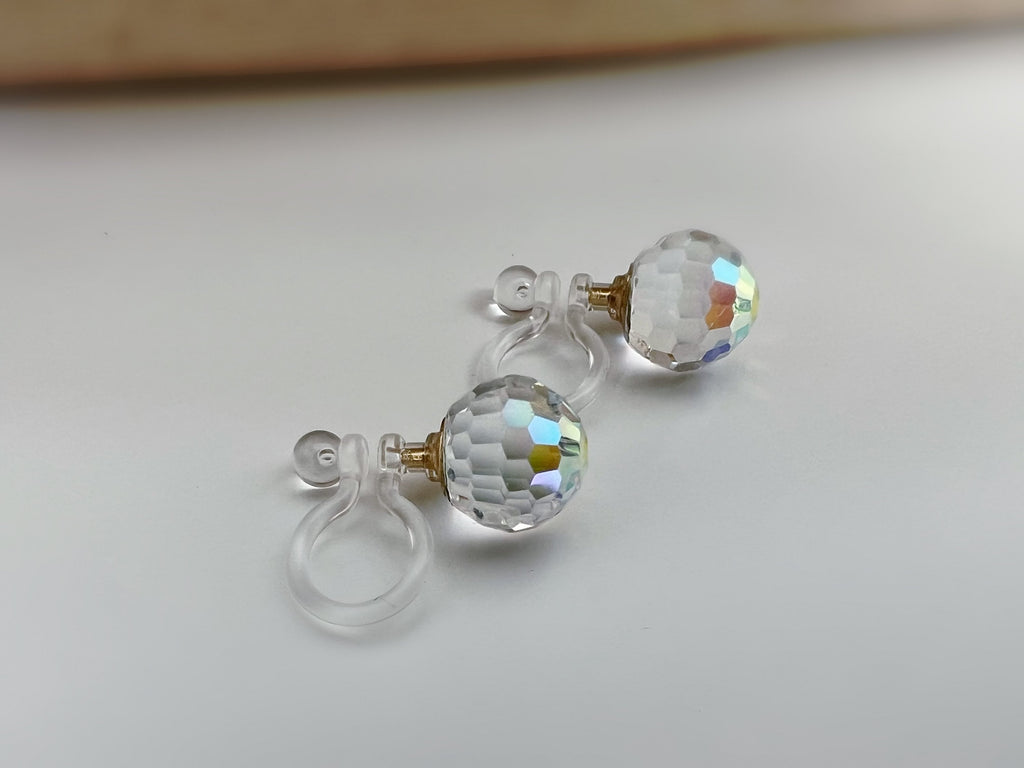 CLIPS earrings invisible Round Crystal faceted PureCrystal Crystals, Minimalist AB Symphony transparent crystal ear clips.