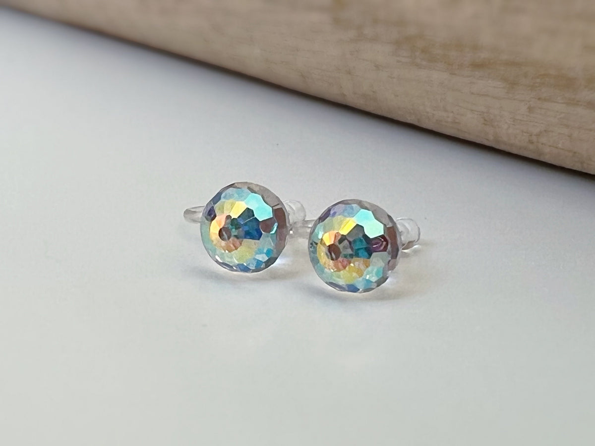 CLIPS earrings invisible Round Crystal faceted PureCrystal Crystals, Minimalist AB Symphony transparent crystal ear clips.