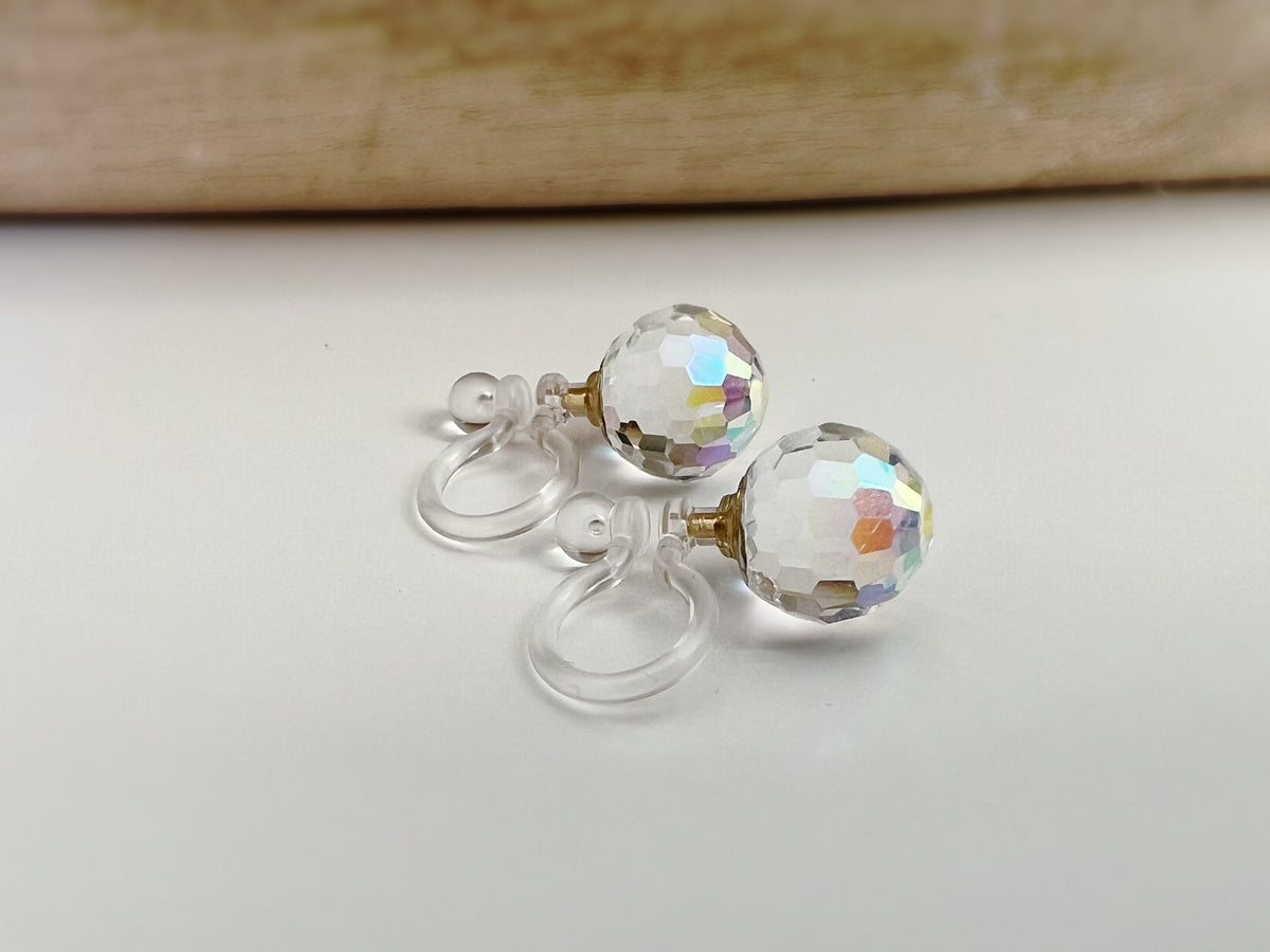 CLIPS earrings invisible Round Crystal faceted PureCrystal Crystals, Minimalist AB Symphony transparent crystal ear clips.