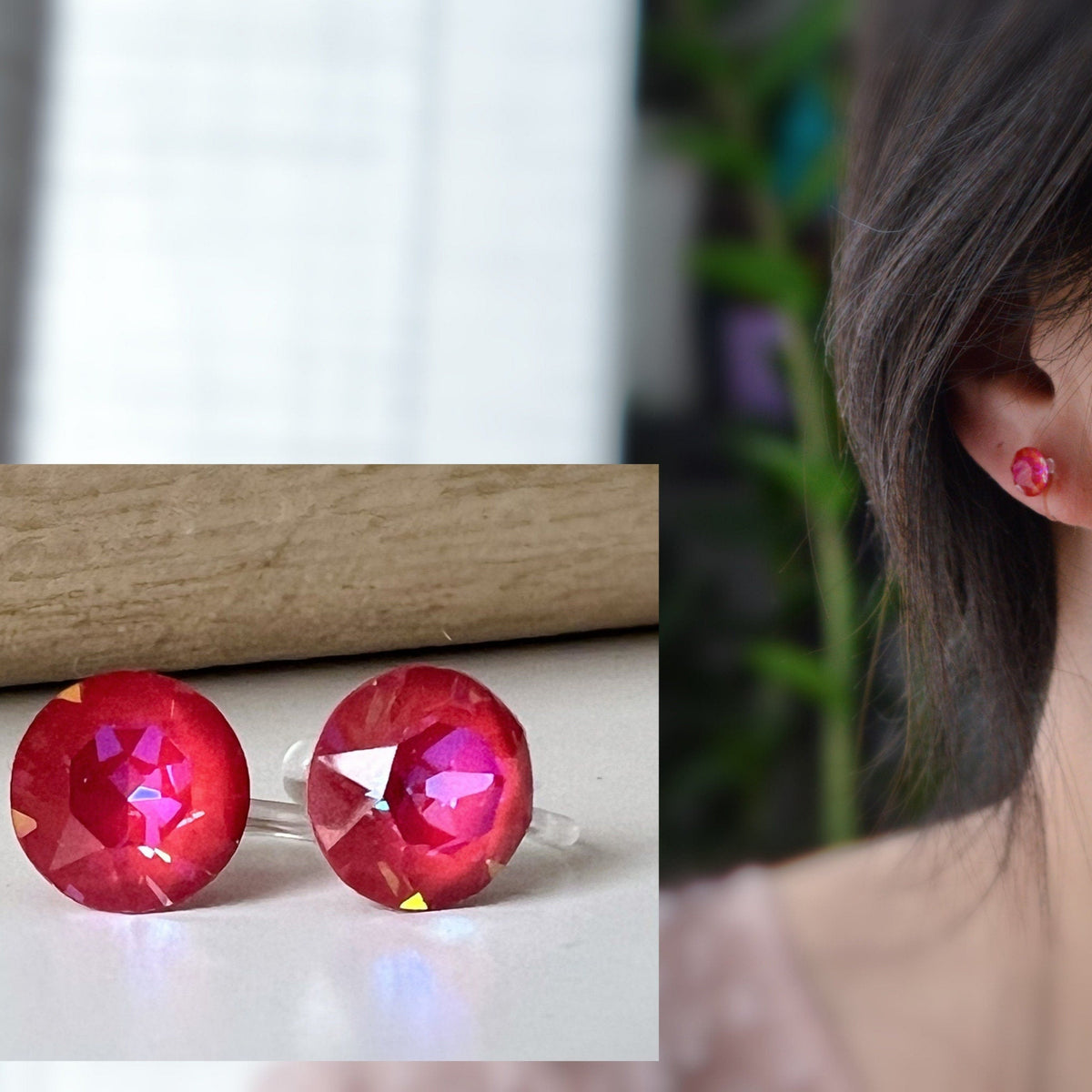 Boucles d'oreilles Clips invisible ROYAL RED DELITE Cristaux PureCrystal Clips d'Oreille Petit Rond rouge, Bijoux Minimaliste