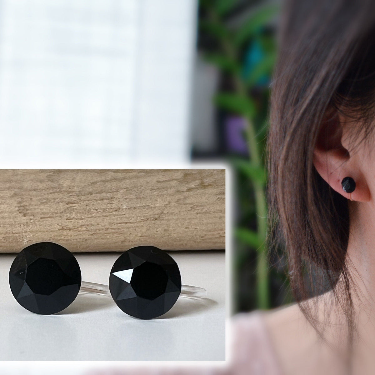 Boucles d'oreilles Clips invisible Rond JET Noire Cristaux PureCrystal Clips d'Oreille Petit Rond Noir, Bijoux Minimaliste