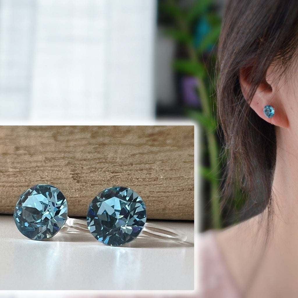 Boucles d'oreilles Clips invisible Rond AQUAMARINE Cristaux PureCristal Clips d'Oreille Petit Rond Bleu clair, Bijoux Minimaliste