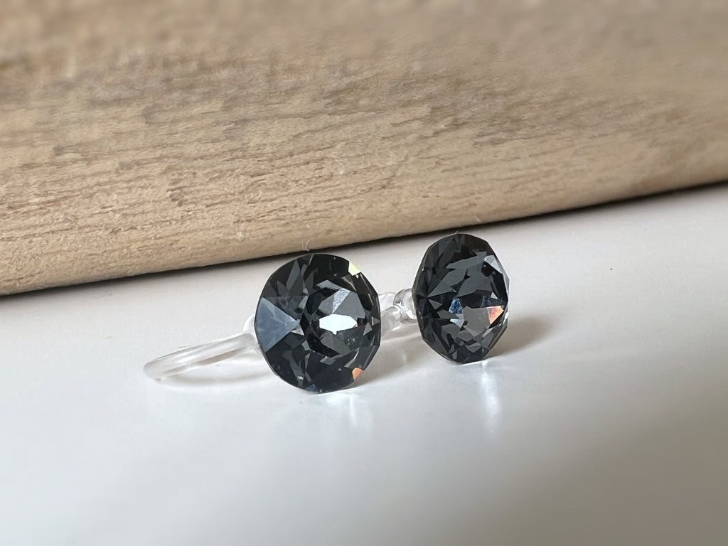 Boucles d'oreilles Clips invisible Rond SILVER NIGHT Cristaux PureCrystal Clips d'Oreille Petit Rond Gris noir, Bijoux Minimaliste