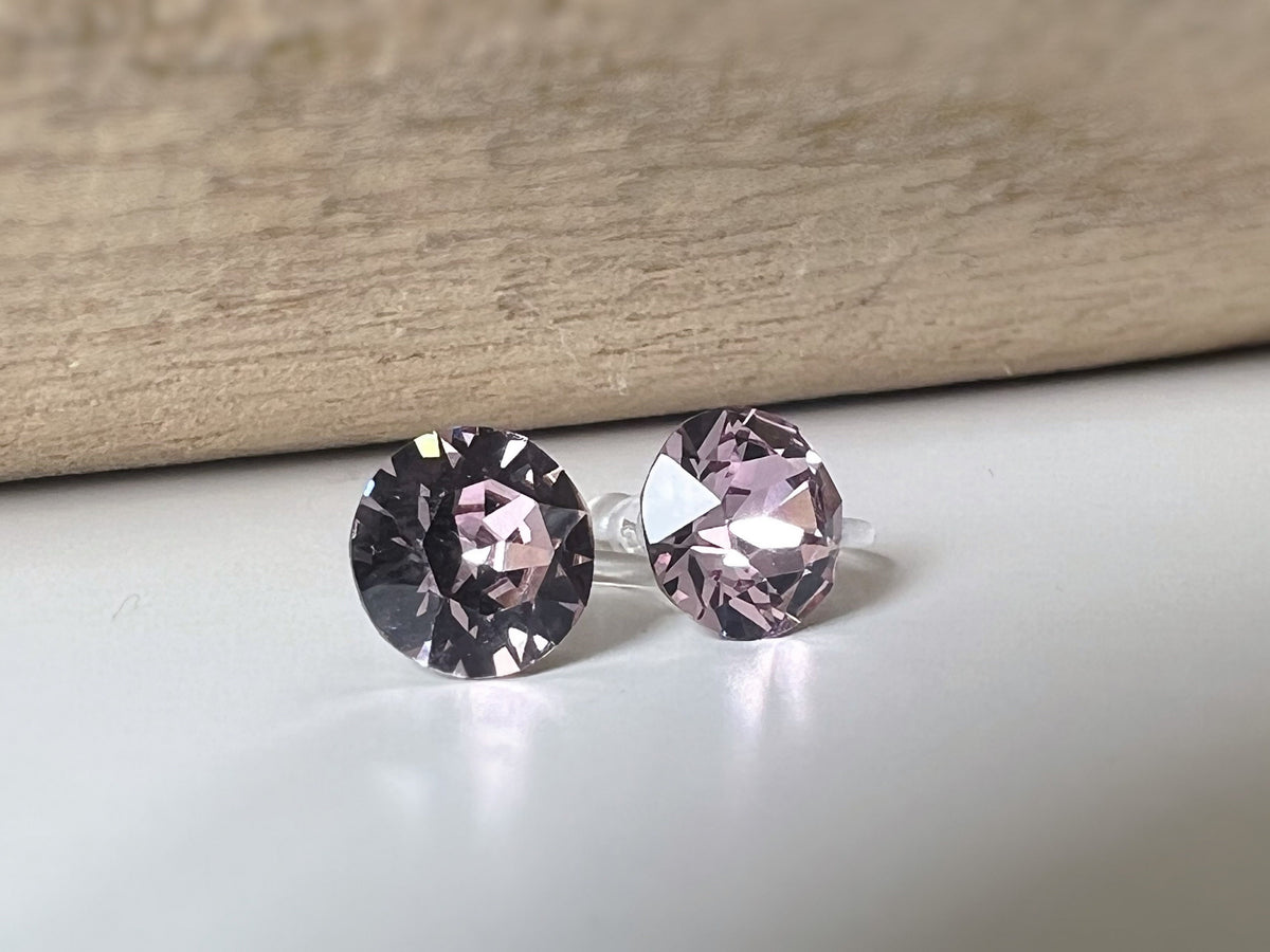 Invisible Round Clip Earrings LIGHT AMETHYST Crystals PureCrystal Ear Clips Small Round Light Pink, Minimalist Jewelry