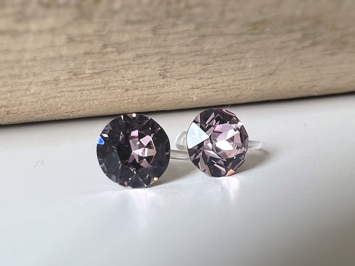 Invisible Round Clip Earrings LIGHT AMETHYST Crystals PureCrystal Ear Clips Small Round Light Pink, Minimalist Jewelry
