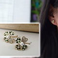 Mini invisible ear CLIPS, small 4-leaf clover gold checkerboard green white lucky charm Delicate comfortable clip earrings