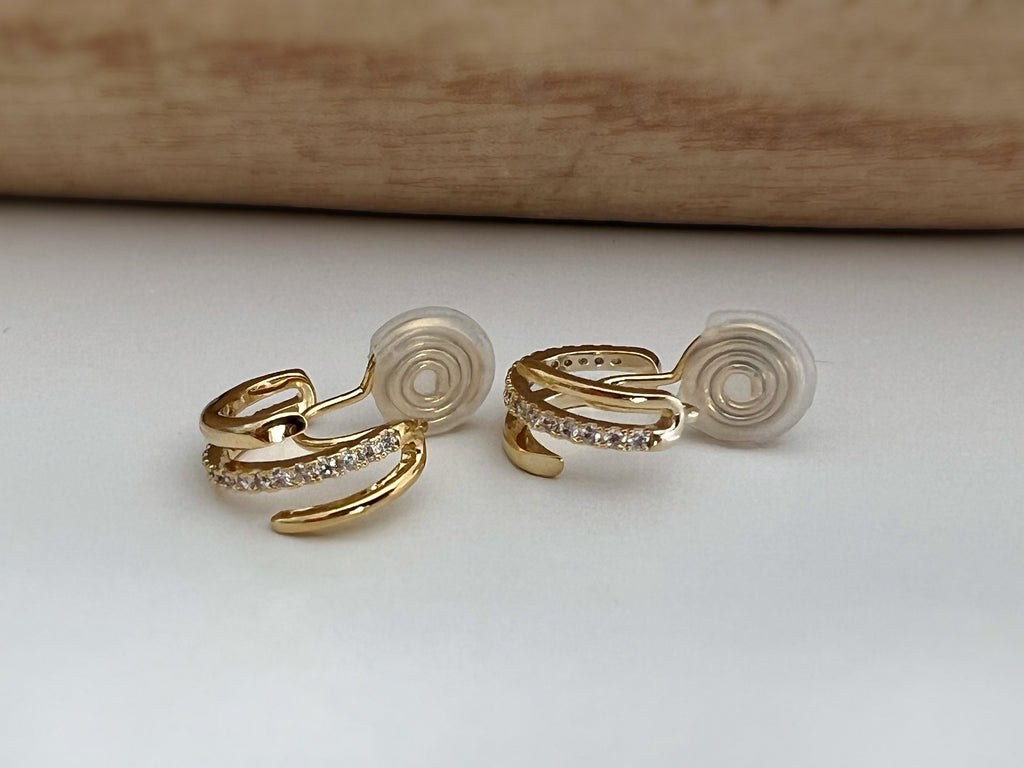 SANS DOULEUR ! Boucles d'oreilles CLIPS U spirale Triple cercles anneaux zircon. Clips d'oreilles confortable Délicates plaqué d'or 18K
