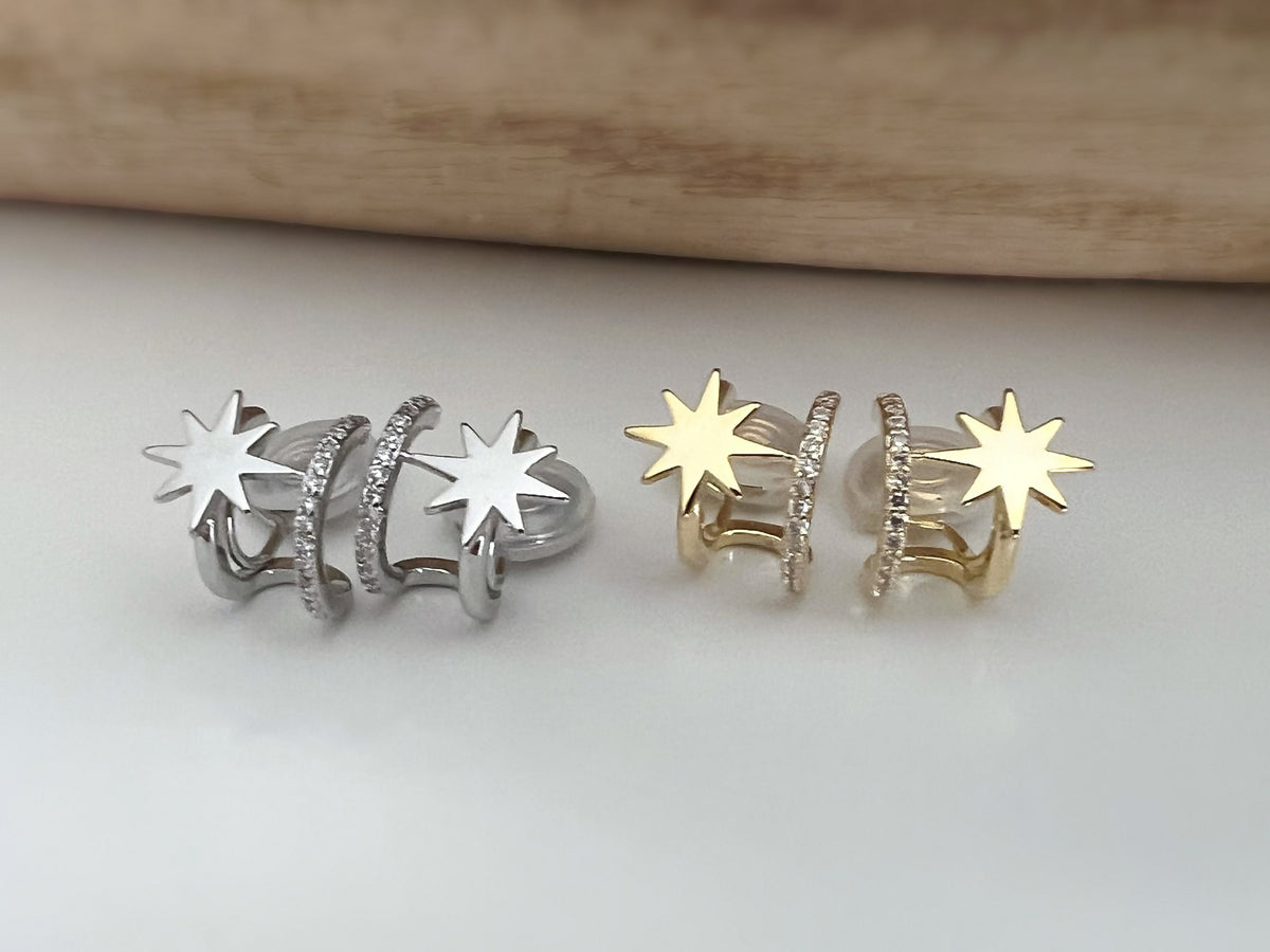 SANS DOULEUR ! Boucles d'oreilles CLIPS U spirale double Cercle étoile couleur Or / Argent. Clips d'oreilles confortable Boucles Délicates