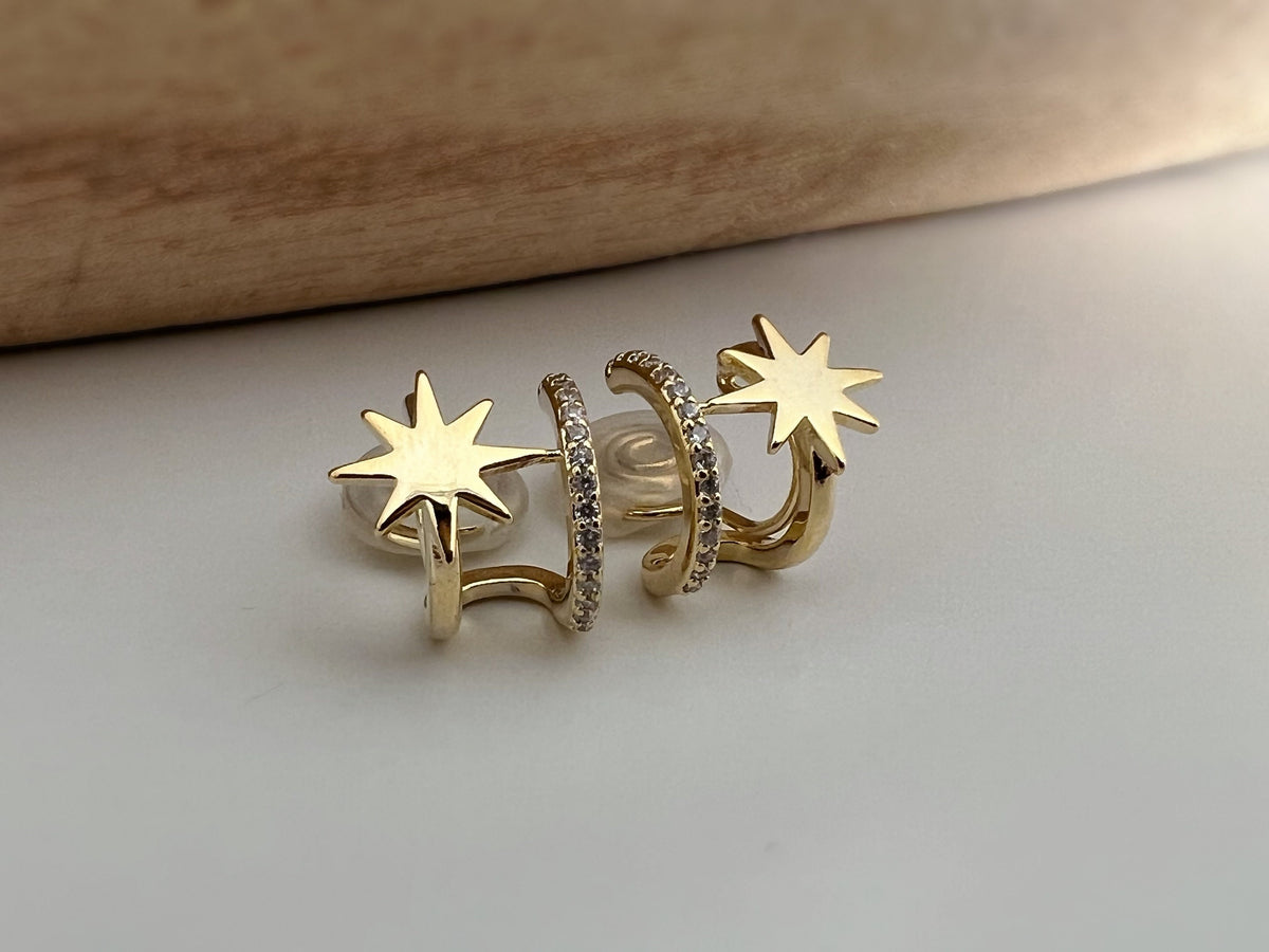 SANS DOULEUR ! Boucles d'oreilles CLIPS U spirale double Cercle étoile couleur Or / Argent. Clips d'oreilles confortable Boucles Délicates