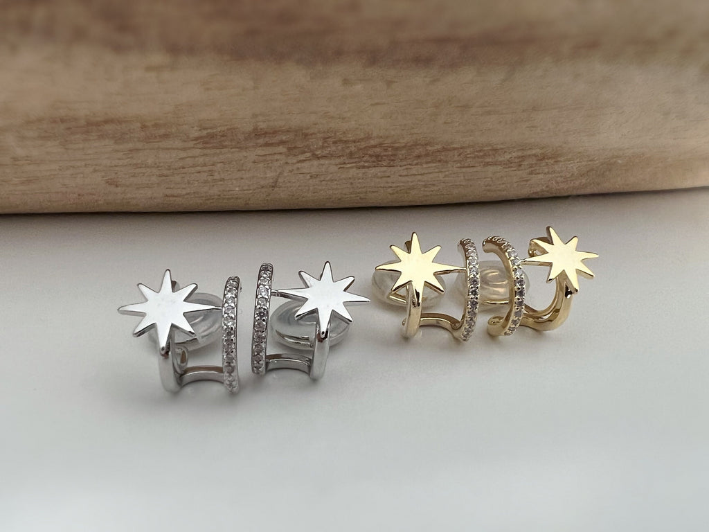 SANS DOULEUR ! Boucles d'oreilles CLIPS U spirale double Cercle étoile couleur Or / Argent. Clips d'oreilles confortable Boucles Délicates