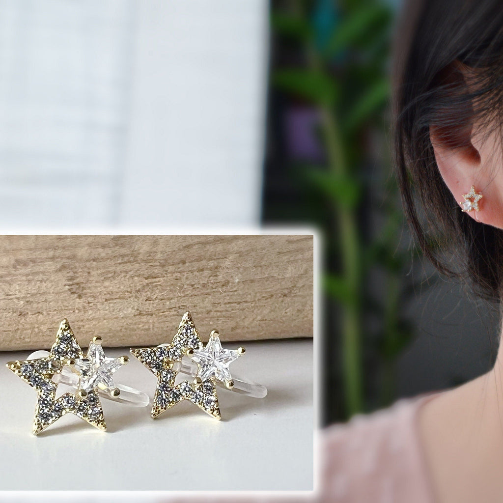 Mini invisible EAR CLIPS, Large and Small Stars Gold Zircon Clip-on earrings comfortable delicate minimalist