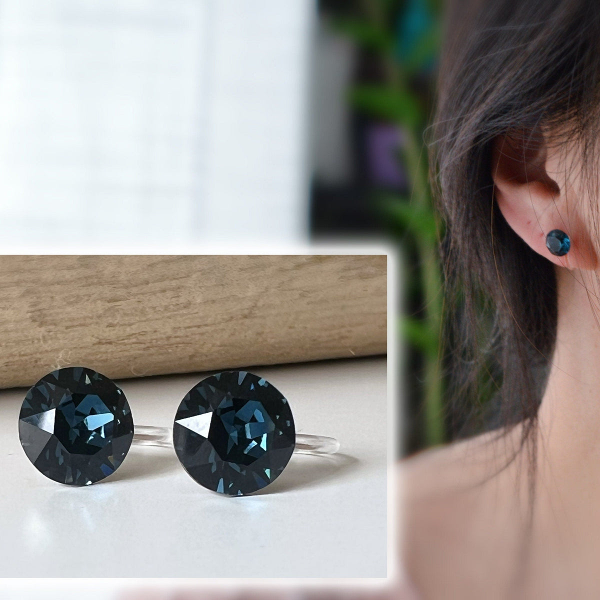 Boucles d'oreilles Clips invisible MONTANA Cristaux PureCristal Clips d'Oreille Petit Rond Bleu Foncé, Bijoux Minimaliste