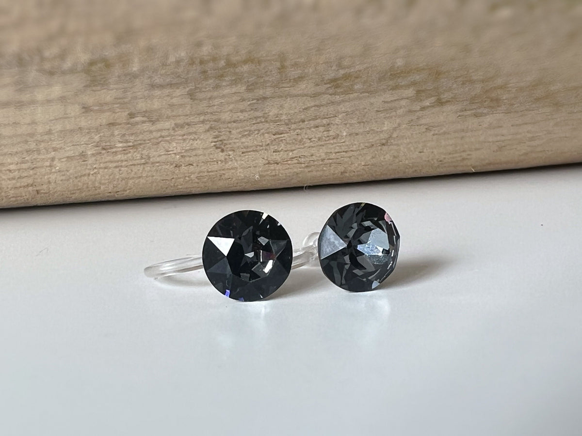 Boucles d'oreilles Clips invisible Rond SILVER NIGHT Cristaux PureCrystal Clips d'Oreille Petit Rond Gris noir, Bijoux Minimaliste