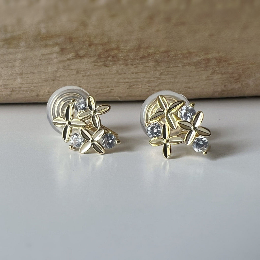 PAINLESS ! CLIPS U spiral earrings sweet Mini flowers with round zircon rhinestones. Comfortable Delicate Ear Clips