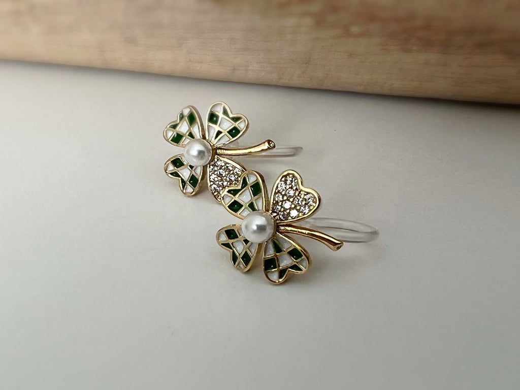 Mini invisible ear CLIPS, small 4-leaf clover gold checkerboard green white lucky charm Delicate comfortable clip earrings