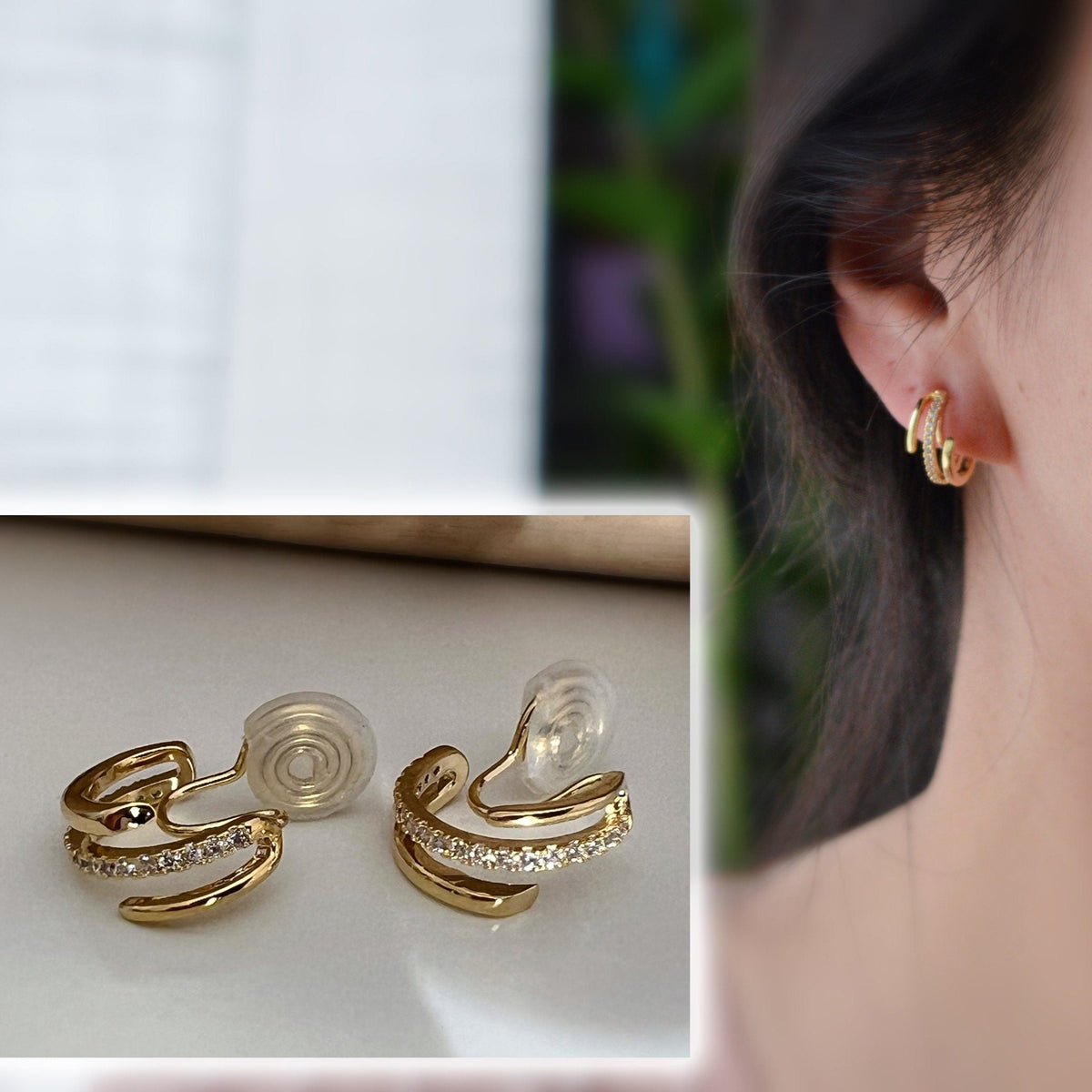 SANS DOULEUR ! Boucles d'oreilles CLIPS U spirale Triple cercles anneaux zircon. Clips d'oreilles confortable Délicates plaqué d'or 18K