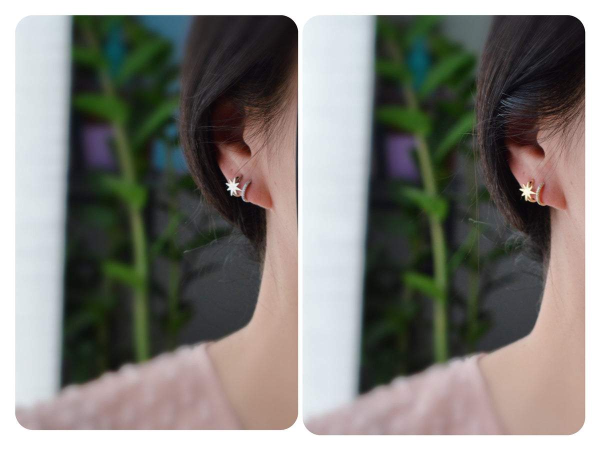 SANS DOULEUR ! Boucles d'oreilles CLIPS U spirale double Cercle étoile couleur Or / Argent. Clips d'oreilles confortable Boucles Délicates