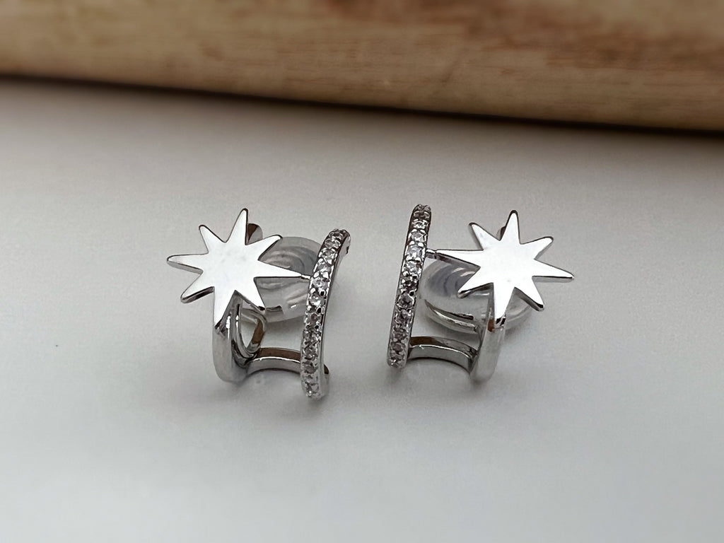 SANS DOULEUR ! Boucles d'oreilles CLIPS U spirale double Cercle étoile couleur Or / Argent. Clips d'oreilles confortable Boucles Délicates