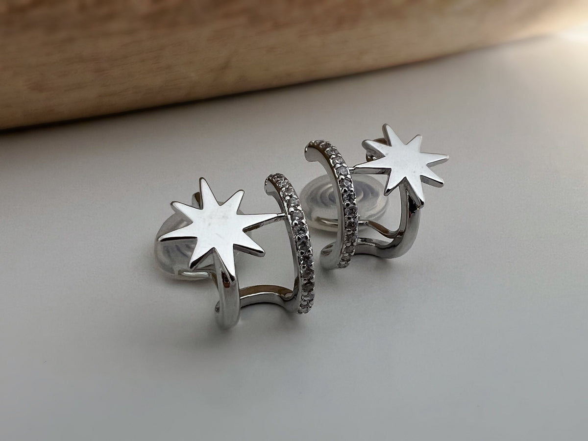 SANS DOULEUR ! Boucles d'oreilles CLIPS U spirale double Cercle étoile couleur Or / Argent. Clips d'oreilles confortable Boucles Délicates