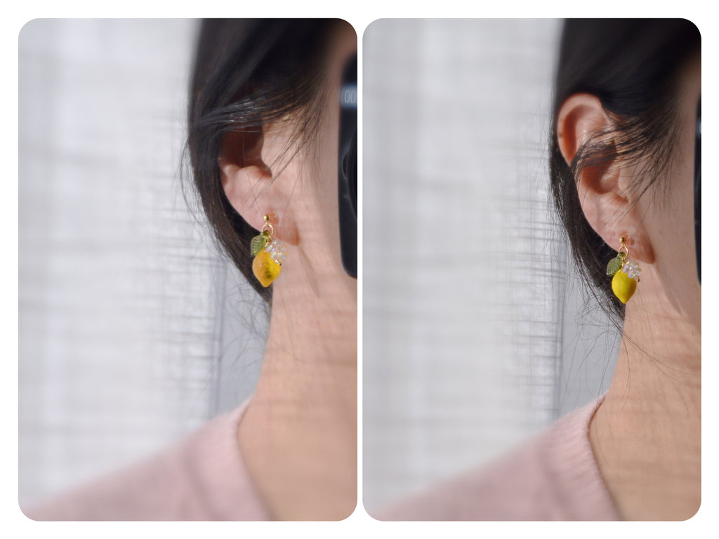 Sweet Citron jaune Feuille verte Mini fleur Transparente. Clips d'oreilles invisibles doré, Oreilles non percée, prêt à offrir