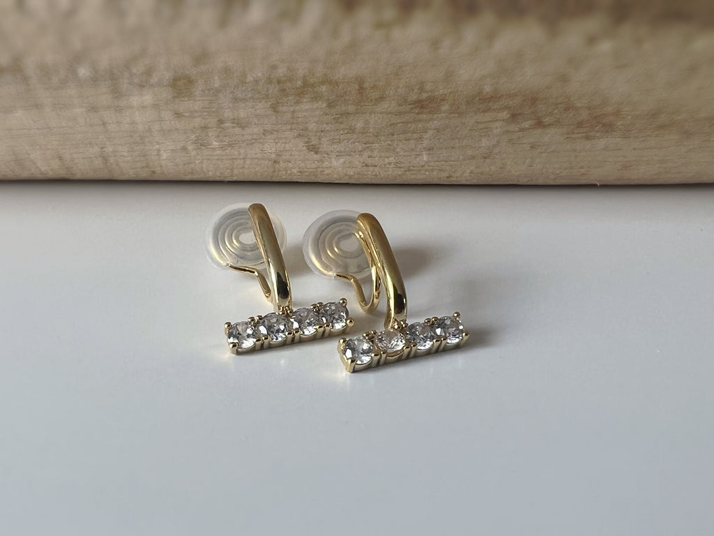 SANS DOULEUR ! Boucles d'oreilles CLIPS U spirale Barre Or avec Barre mini Zircon, plaqué d'Or Clips d'oreilles confortable.