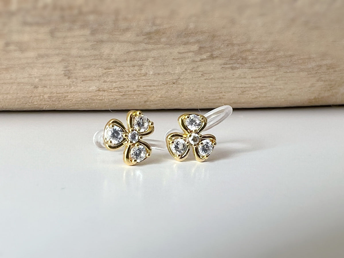 Mini CLIPS d'oreilles invisibles, petit Trèfle Or Zircon Boucles d'oreilles clips confortable délicat minimaliste