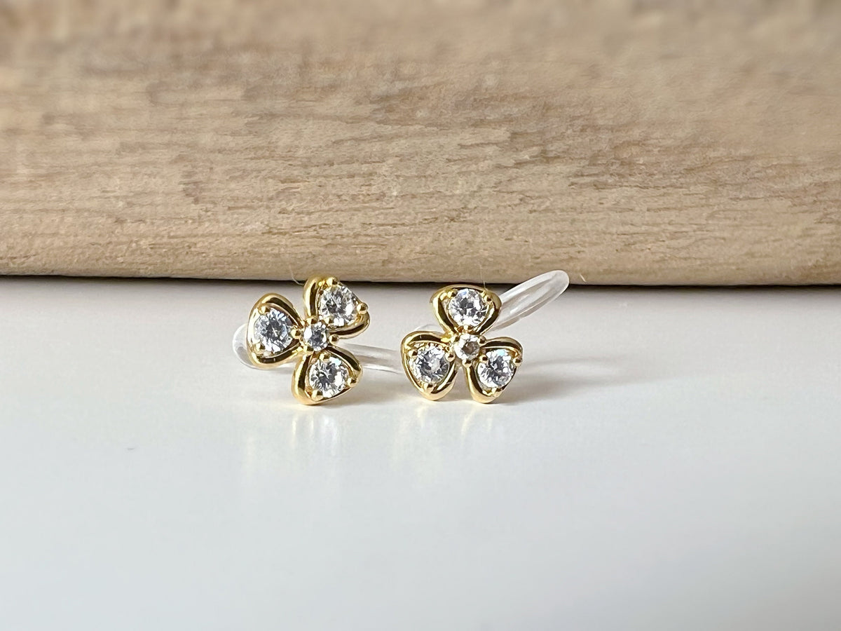 Mini CLIPS d'oreilles invisibles, petit Trèfle Or Zircon Boucles d'oreilles clips confortable délicat minimaliste