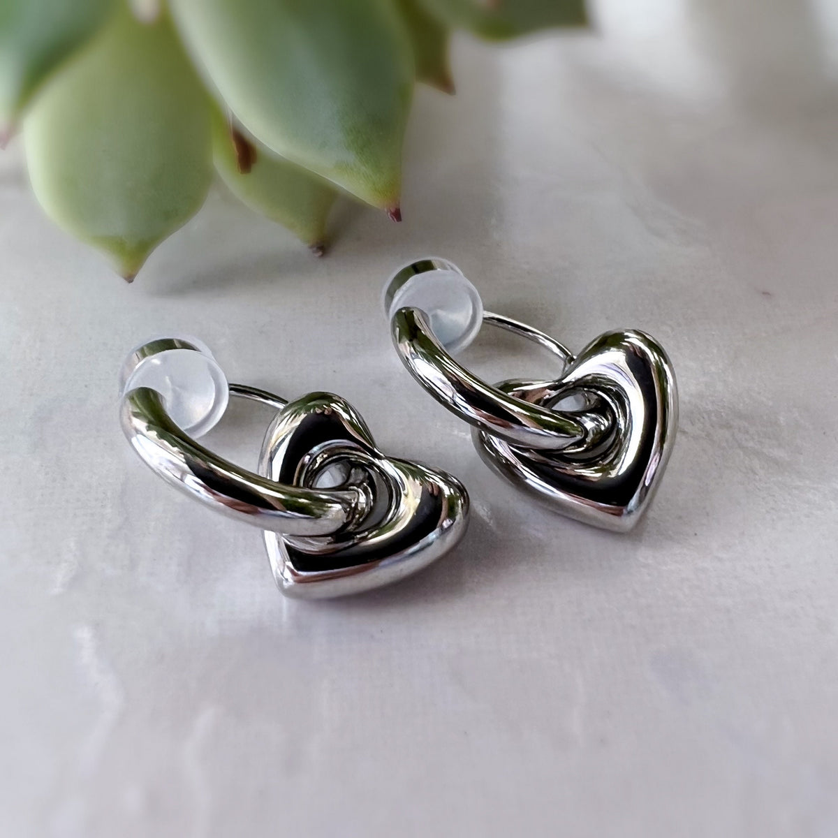 2 En 1 Sans DOULEUR ! Boucles d'oreilles CLIPS U petit cercle et cœur, Argent/ Or. Clips d'oreilles confortable