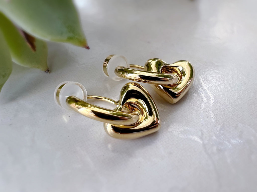 2 En 1 Sans DOULEUR ! Boucles d'oreilles CLIPS U petit cercle et cœur, Argent/ Or. Clips d'oreilles confortable