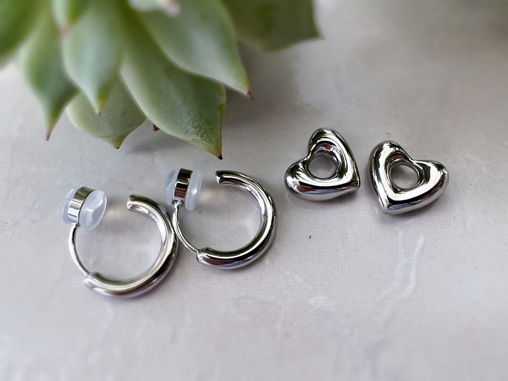 2 En 1 Sans DOULEUR ! Boucles d'oreilles CLIPS U petit cercle et cœur, Argent/ Or. Clips d'oreilles confortable