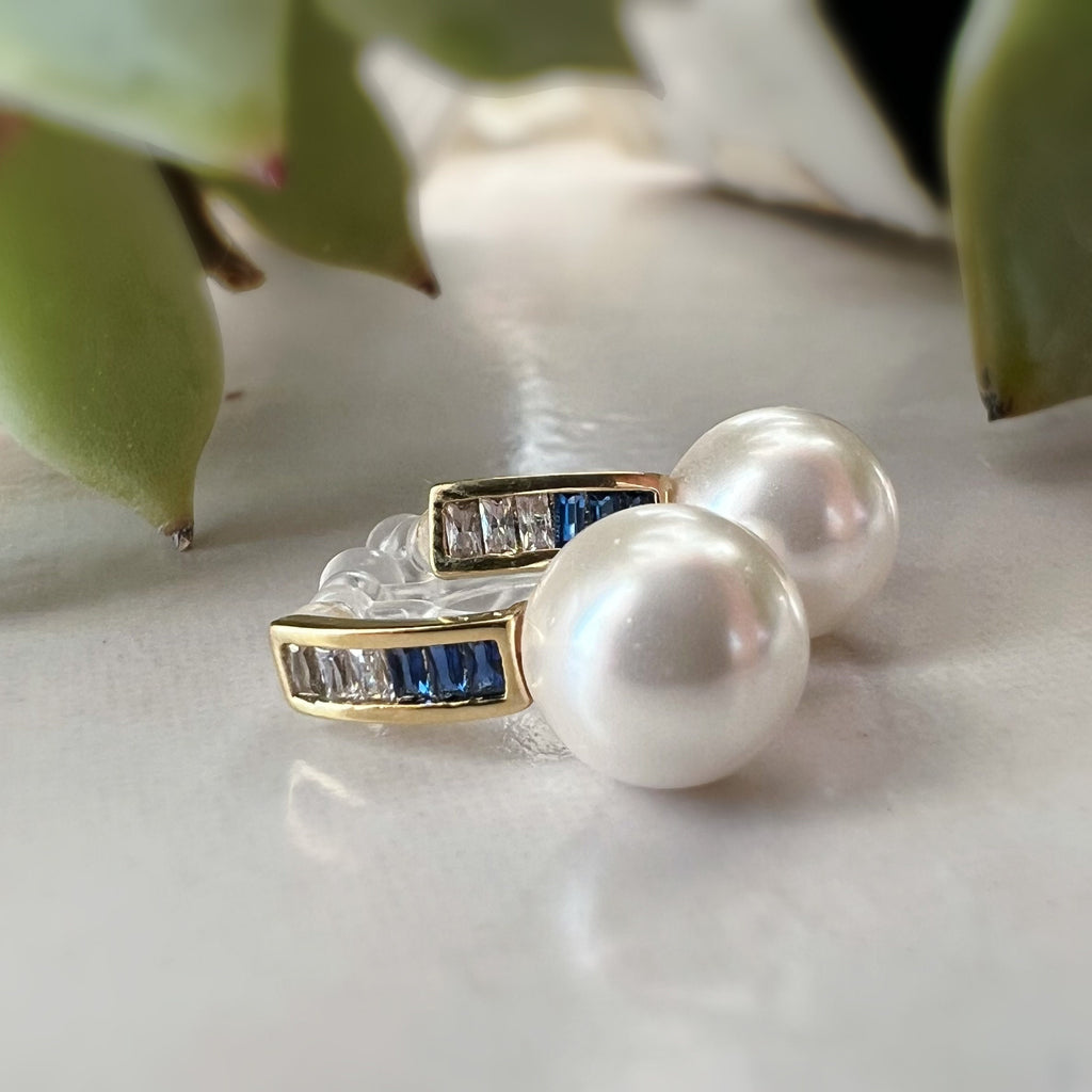 Invisible CLIPS earrings Gold Bar Mini transparent navy blue rectangle zircon, white pearl, Delicate ear clips.