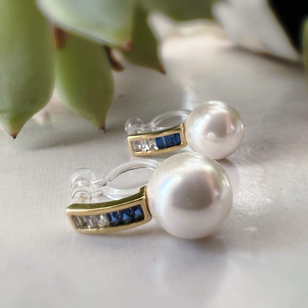 Invisible CLIPS earrings Gold Bar Mini transparent navy blue rectangle zircon, white pearl, Delicate ear clips.