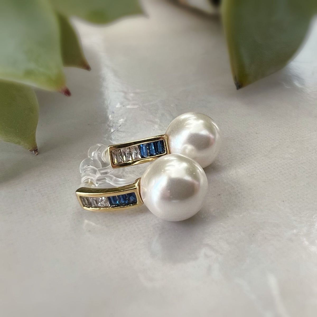 Invisible CLIPS earrings Gold Bar Mini transparent navy blue rectangle zircon, white pearl, Delicate ear clips.