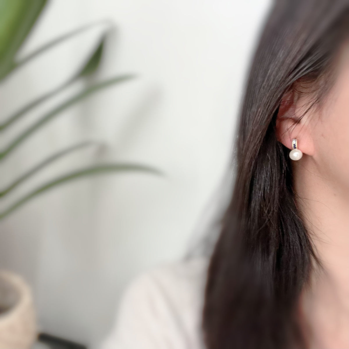 Invisible CLIPS earrings Gold Bar Mini transparent navy blue rectangle zircon, white pearl, Delicate ear clips.