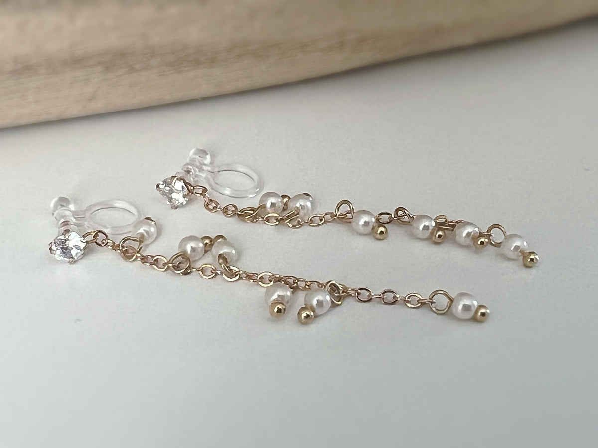 INVISIBLE clip earrings, mini zircon dangling ear clips, white pearls, gold chain. Daily jewelry for non-pierced ears