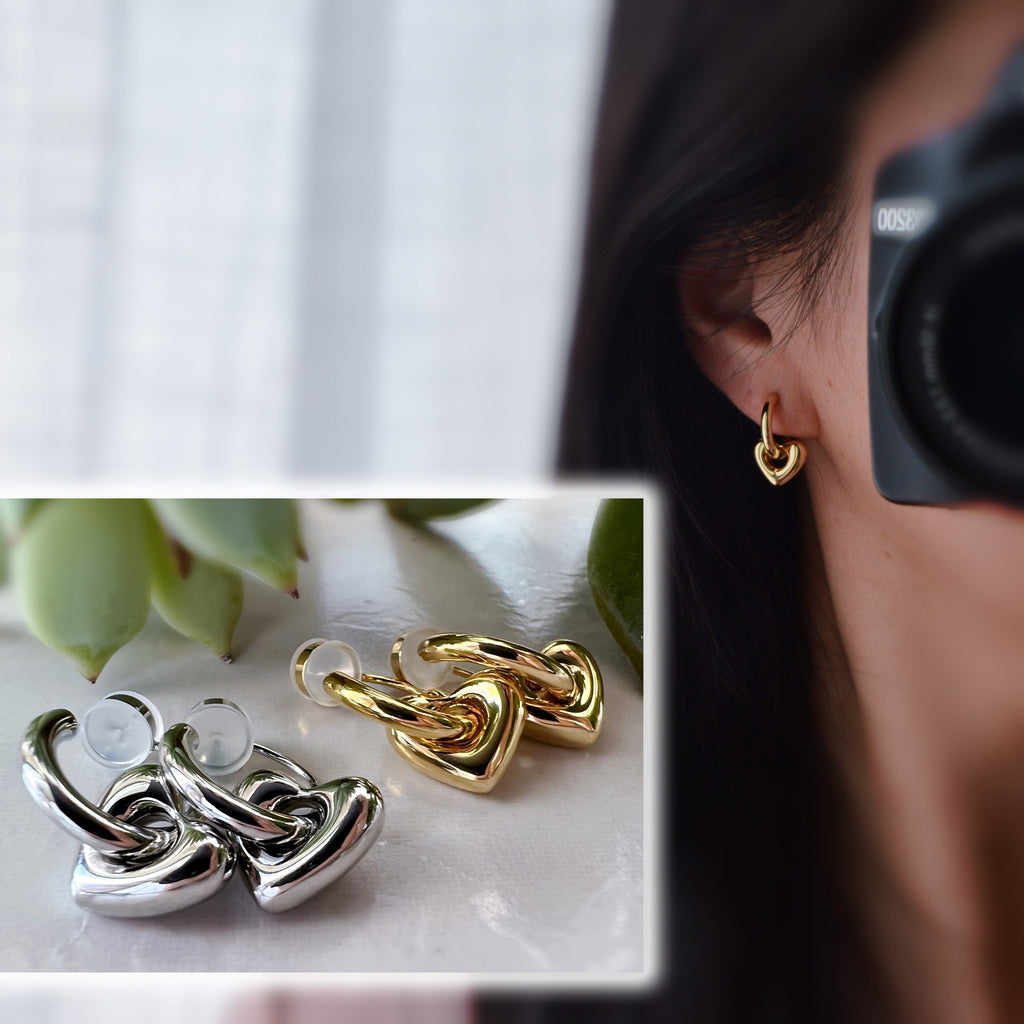 2 En 1 Sans DOULEUR ! Boucles d'oreilles CLIPS U petit cercle et cœur, Argent/ Or. Clips d'oreilles confortable