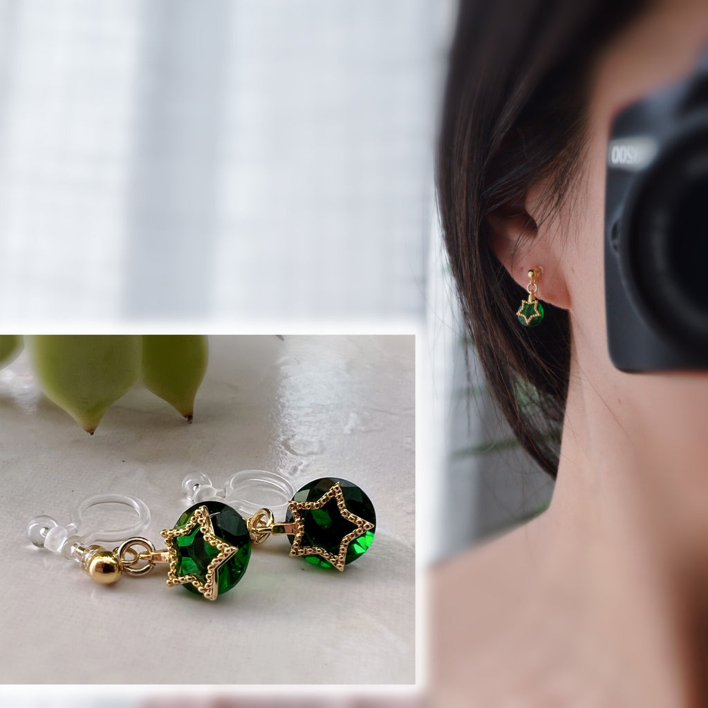 Mini 18K gold plated star dangling ear clips, round emerald zircon, comfortable delicate Invisible CLIPS earrings, Christmas