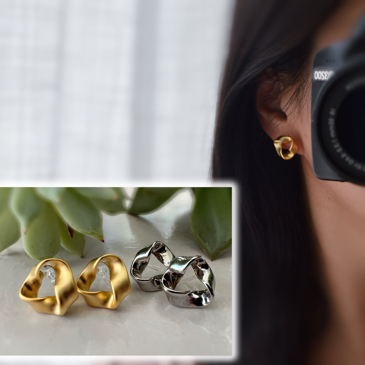 Boucles d'oreilles Clips INVISIBLES Triangle torsadé couleur Or Mat / Argent, Clips d'oreilles confortable bijoux minimaliste quotidien.