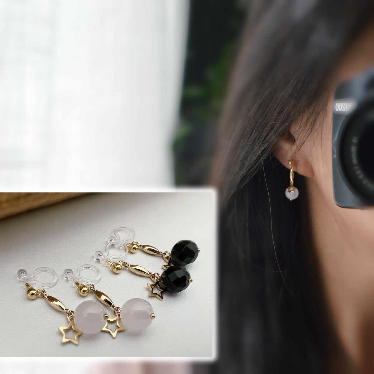 Boucles d'oreilles CLIPS INVISIBLES pendantes Or, Perle agate blanche / Perle facette noire, Petite Etoile creuse Cadeau prêt à offrir