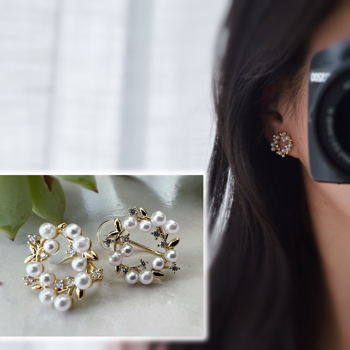 SANS DOULEUR ! Boucles d'oreilles CLIPS U Cercle branche d'olivier Mini Pierres Zircon Perle blanche Rond plaqué d'Or. Confortable.