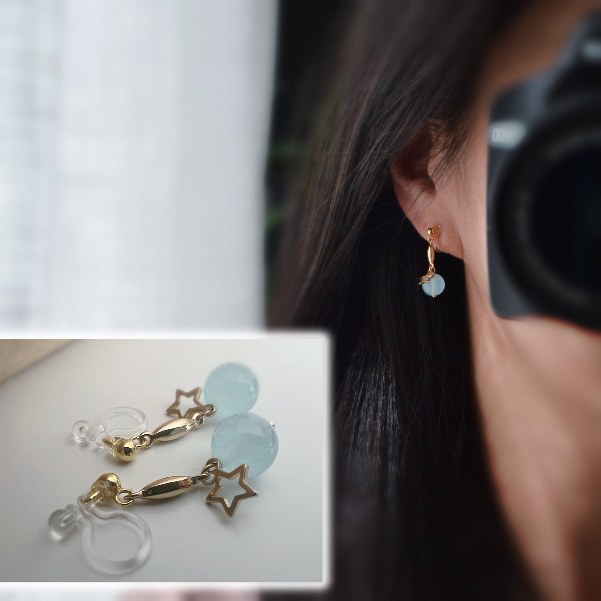 INVISIBLE CLIPS dangling earrings Gold, Pastel colored pearl macaroons Blue Pink Green Purple, Small hollow star.