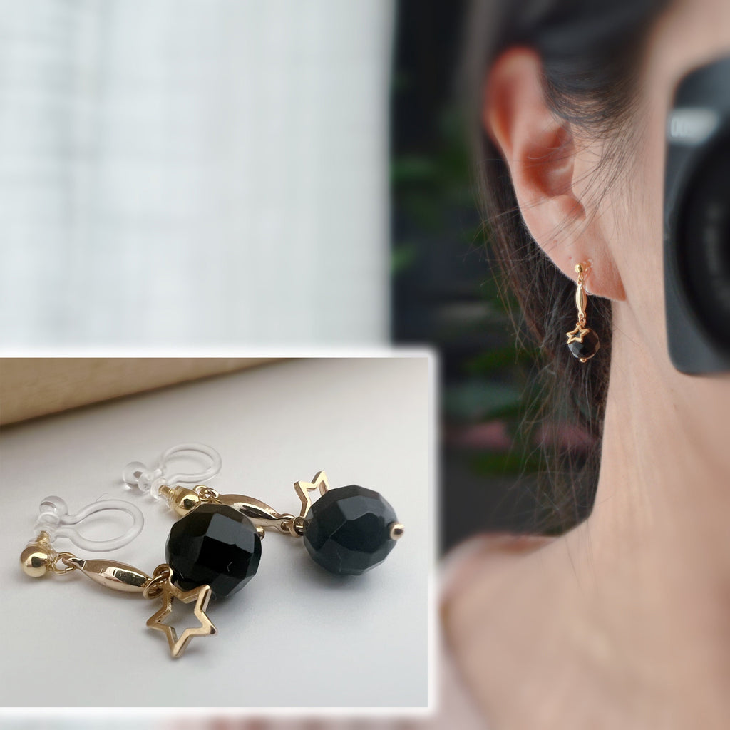 Boucles d'oreilles CLIPS INVISIBLES pendantes Or, Perle agate blanche / Perle facette noire, Petite Etoile creuse Cadeau prêt à offrir