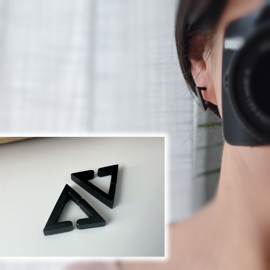 Boucles d'oreilles Rock CLIPS CLAMP anneaux Triangle Argent / Or/ Noir/ Bleu Clips pour Oreilles Non Percées Bijoux quotidiens hommes femmes